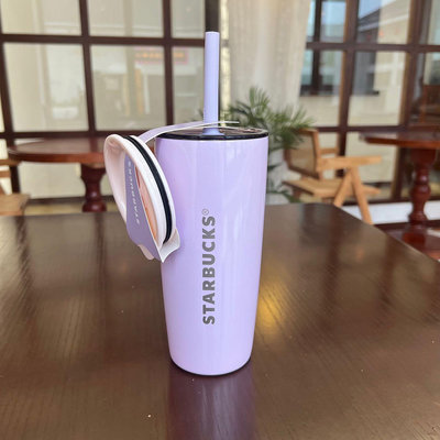 韓國星巴克杯子2023粉紫色珠光不鏽鋼雙蓋吸管杯大肚杯保溫杯