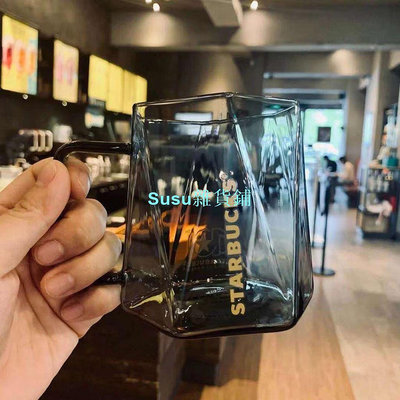 星巴克馬克杯爆款星巴克杯子10週年限定款黑色格紋閃耀立體切面辦公室透明玻璃水杯