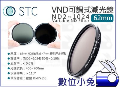 數位小兔【STC 62mm VND 可調式 減光鏡 ND2~1024】ND鏡 防靜電 公司貨 多層鍍膜