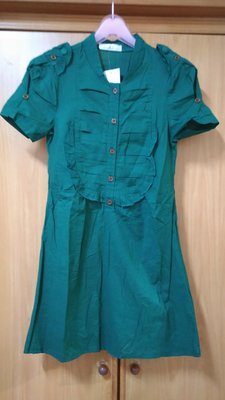 墨綠色胸前荷葉造型襯衫 軍裝風造型長版衣 洋裝