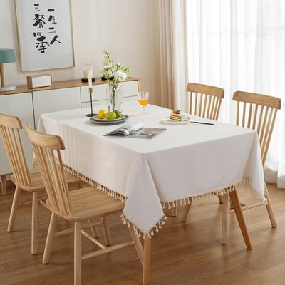 桌巾桌布加厚現代簡約純色本白流蘇彩球茶幾臺布餐桌布