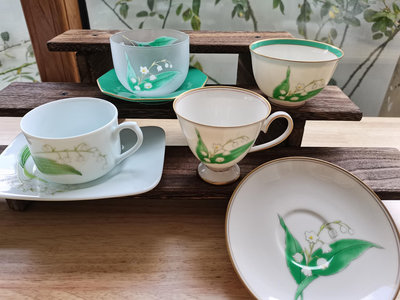 日本香蘭社，稀有品，鈴蘭花卉系列咖啡杯茶杯玻璃杯～全部都是全