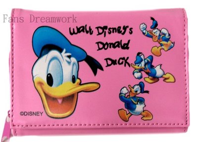 【卡漫迷】 唐老鴨  三折 皮夾 粉色 庫1 ㊣版 迪士尼 短夾 卡片夾 零錢包 Donald 仿皮革 可放照片磁扣式