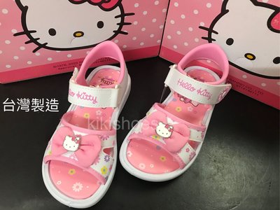 ［kikishoes] 新款SANRIO HELLO KITTY 立體蝴蝶結kitty扣飾魔鬼氈涼鞋#820345 白色