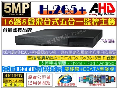 【祥龍監視器】H.265 昇銳 高階版 雙硬碟 16路8音 混合式 五百萬多合一智能錄放影機 DVR 台灣製造 含稅價