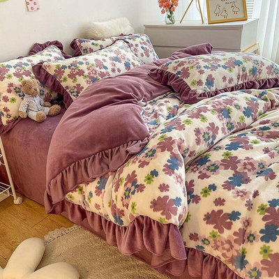 現貨：床包組雙面絨牛奶絨床上四件套床笠公主風冬季加厚被套珊瑚絨床單三件套