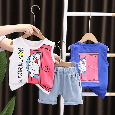 【小點點】哆啦夢 男嬰夏季服裝套裝嬰兒兒童卡通哆啦a夢棉質無袖 T 恤背心 + 短褲 2 件套裝幼兒服裝