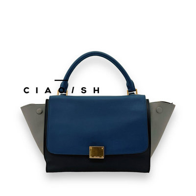 CIAO/SH名牌精品店Celine灰黑藍皮革三色拼方釦頭手提肩背包
