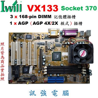 艾崴 Iwill VX133主機板、Socket 370腳位、SDR UDIMM記憶體、AGP顯示介面、附擋板、測試良品