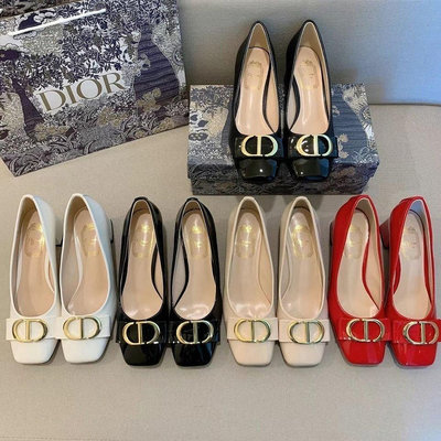 新店促銷 DIOR迪奧 D字母粗跟單鞋女高跟鞋拼色老花職業上班女鞋方頭中跟單鞋