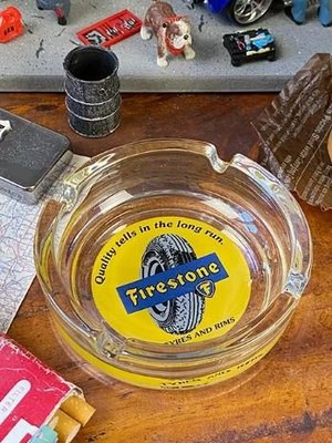 I LOVE樂多)日本進口 美國經典輪胎品牌 Firestone 舊廣告 玻璃 菸灰缸 個性商品送人自用兩相宜