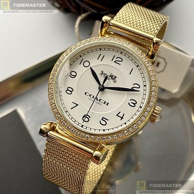 COACH手錶,編號CH00061,32mm金色圓形精鋼錶殼,白色簡約, 時分秒中三針顯示錶面,金色米蘭錶帶款