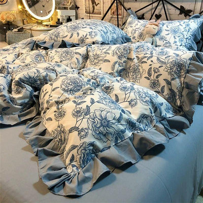 包組 淡藍色素雅荷葉花邊床包 山茶花少女被套 床單 床罩 雙人床包 枕頭套 被單