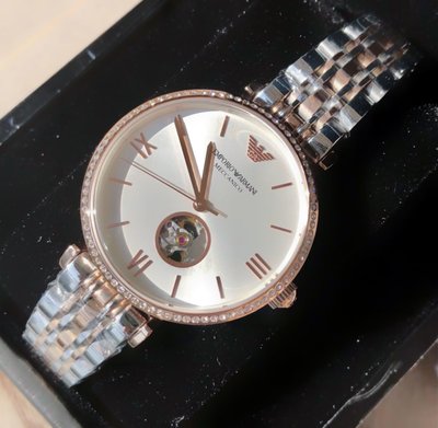EMPORIO ARMANI 銀白色面 鏤空錶盤 玫瑰金色配銀色不鏽鋼錶帶 女士 自動機械錶 AR60019 亞曼尼腕錶