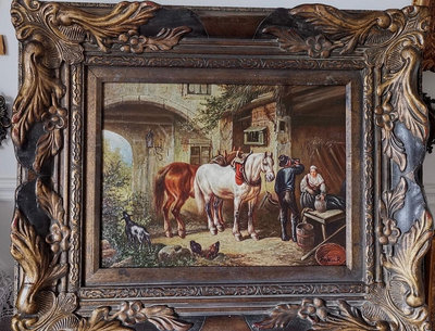 中古vintage 農村題材的場景手繪油畫古董油畫
