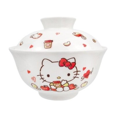 花見雜貨~台灣限定 全新正版 kitty 凱蒂貓 瓷器 陶瓷 飯碗 瓷碗 丼碗 大碗 附蓋子 蘋果款