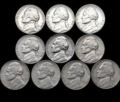 銀幣美國1970-79年連續年份10枚5美分銅鎳硬幣21.2mm杰斐遜 美洲錢幣