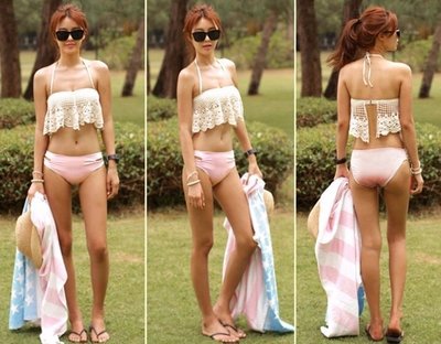 韓版 蕾絲荷葉米色扣環質感比基尼 褲子雙面穿粉紅粉紫 游泳 溫泉 渡假 墾丁現貨M