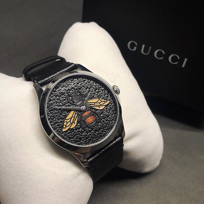 美國百分百【全新真品】GUCCI 古馳 G-Timeless 時尚浮雕蜜蜂腕錶 手錶 皮錶帶 38mm 黑色 BC52