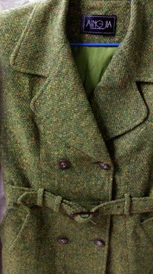 專櫃品牌【MING  JIA】綠色雙排扣配腰帶毛料長大衣外套F號