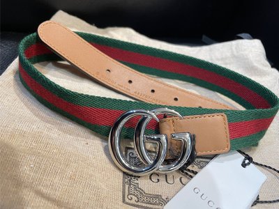 EZ兔購 正品Gucci 古馳 織帶 彈性 雙G 銀色 皮帶 義大利製 寬2.5 全長75可用到85CM KID款 現貨