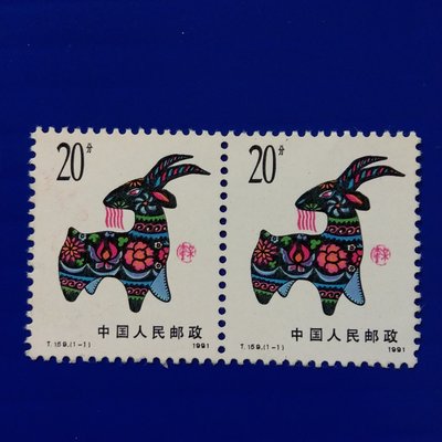 【大三元】中國大陸郵票-T159大陸生肖羊年- 新票1全二方連-原膠上品-大陸郵票背膠常有原印刷時透印非髒