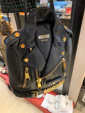 典精品名店 Moschino 真品 biker 機車包 搖滾 龐克 哈雷 皮衣 外套包 衣服包 手提包 後背包 現貨