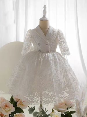 七七童裝 女寶寶花童婚禮服周歲兒童公主連身裙蕾絲白色女童生日鋼琴公主裙A11