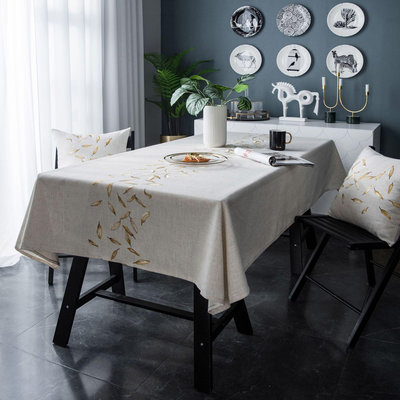 桌布繡花桌布金色葉子桌旗美式仿棉麻茶幾餐墊臺布防水