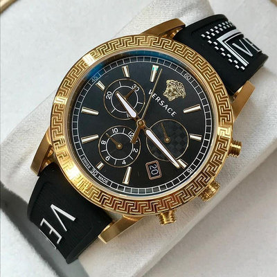VERSACE Sport Tech 金色配黑色錶盤 黑色橡膠錶帶 石英 三眼計時 男士/女士手錶VELT00119 凡賽斯腕錶