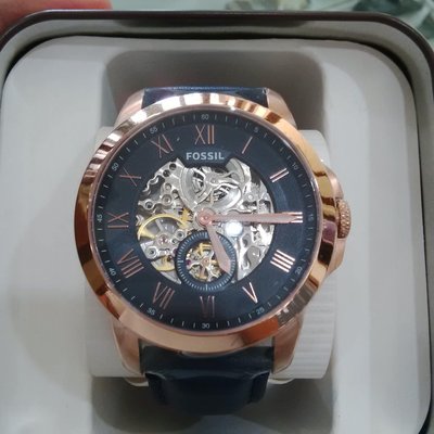 全新正品FOSSIL Grant 玫瑰金色配藍色鏤空錶盤 藍色皮革錶帶 自動機械錶 ME3054