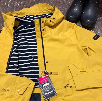 Miolla 英國品牌Joules 黃色內裡藍白條紋防風防水腰間繫帶長版外套