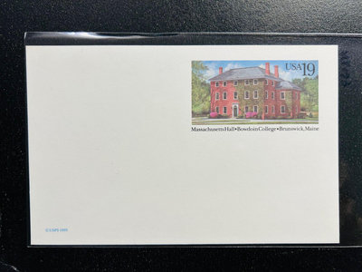 【珠璣園】C097 美國郵資片  -  1993年 緬因州 鮑登學院馬薩諸塞州大廳， 19C 未使用