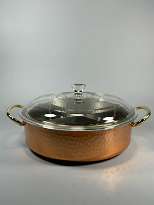 日本銅鍋，溫莎銅湯鍋，銅平底料理鍋，手打錘紋銅火鍋，康寧玻璃8635