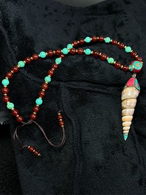 早期收藏西藏密宗藏佛福音法螺鑲嵌綠松石紅珊瑚項鍊