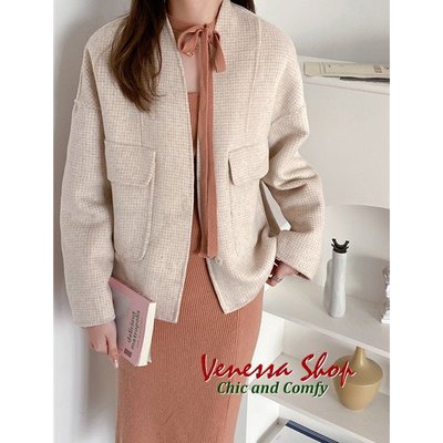 VENESSA~ MK 新款 日式禪風 手工縫製雙面羊毛絨 半立V領毛呢短大衣外套 三色 (V1304)