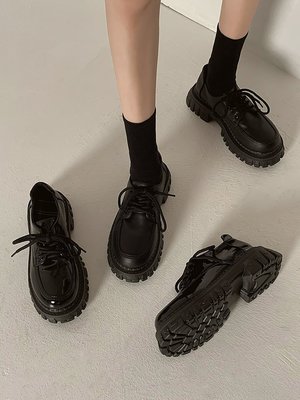 單鞋女2022年春秋新款系帶厚底防滑時尚百搭黑色英倫風復古小皮鞋