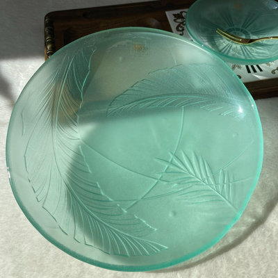 日本中古橘吉Adam&amp;Eve亞當夏娃 磨砂淡綠玻璃盤 浮雕葉