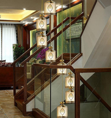 新中式全銅樓梯燈中國風個性創意客廳燈別墅復式樓旋轉中空長吊燈