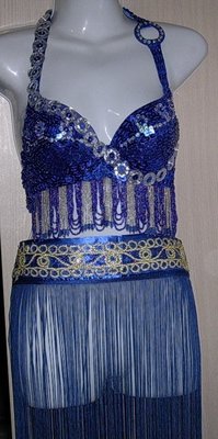 藍亮片bra肚皮舞衣+腰飾 2件組 肚皮舞腰巾、印度舞、國標舞衣 單件流蘇購買價280元