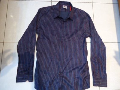 CABANE de tom深藍黑色細紅藍條紋長袖襯衫,size:L,100%棉,少穿,降價大出清