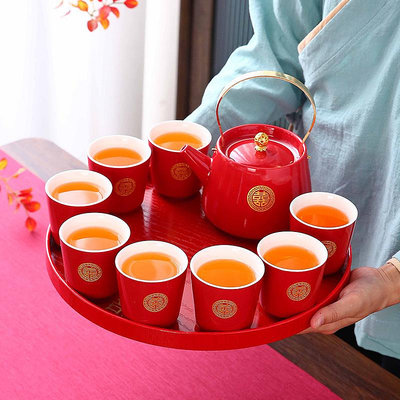 結婚茶具套裝紅色大號訂婚陪嫁喜事改口敬茶杯陶瓷泡茶壺喜盤禮盒