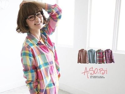 全新轉賣【A-SO-BI】．粉嫩色彩格紋口袋襯衫．粉底綠線格系