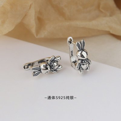 通體925純銀泰銀做舊甜酷風兔子耳扣高級感耳環小眾耳飾DQ025