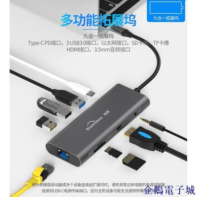 企鵝電子城藍碩 MacbookPro 九合一HUB拓展塢 Type-C轉HDMI/USB3.0/RJ45網口/PD/3.5M