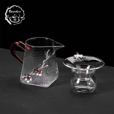 特賣-茶杯錘目紋四方公道杯日本玻璃加厚過濾套裝耐熱家用功夫公杯茶漏一體