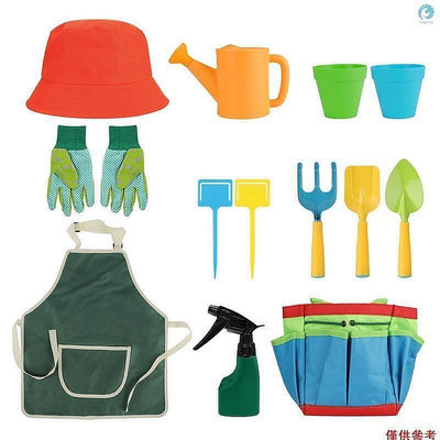 兒童園藝工具套裝 14 件花園套件帶儲物袋、噴壺、帽子、圍裙、手套重型園藝套件 適用於 3 歲以上男孩