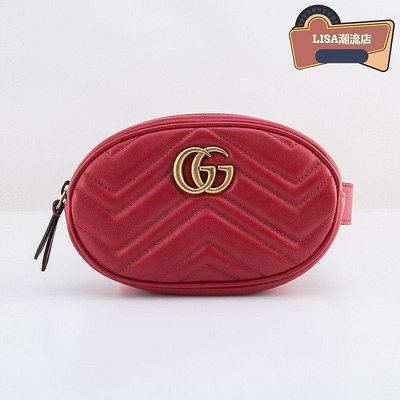 GUCCI 476434 GG Marmont 紅色 牛皮 復古金 GG logo 腰包