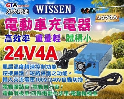 ✚久大電池❚ WISSEN-2404 24V4A 電動車鉛酸電池充電器、充電指示燈、散熱風扇、自動斷電.