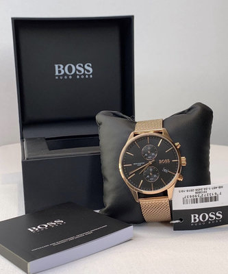 HUGO BOSS Associate 黑色面錶盤 玫瑰金色不鏽鋼編織網眼錶帶 石英 雙眼計時 男士手錶 1513806